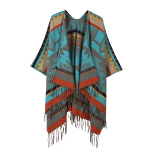 Retro Ethno Stil Gestrickter Schal Poncho Für Damen Mehrfarbig Geometrisch Elefantenmuster Quasten Wrap Für Reisen Urlaub