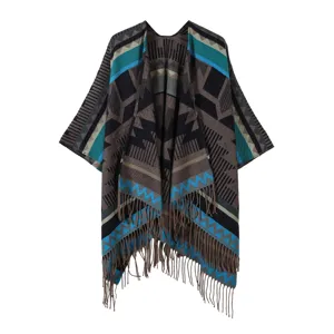 Damen ethnisch Strick Poncho boho geometrisch Quasten Umhang Vintage Winter Mode Schal