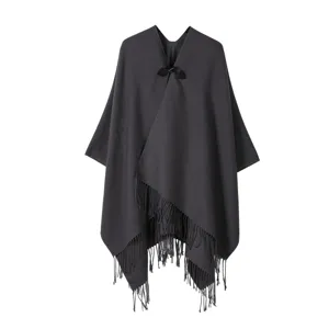 Poncho cape à franges en tricot gris foncé uni pour femme, élégant manteau cardigan.
