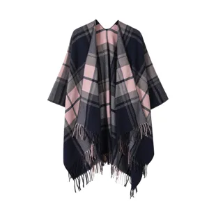 Vrouwen Winter Warm Ruitjes Sjaal Cape Open Voorkant Franje Verdikte Poncho Jas Dames