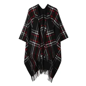 Dames Klassieke Schotse Ruit Sjaal Mantel Met Kwastjes Winter Warm Polyester Jacquard Poncho Wikkeldoek Voor Dames