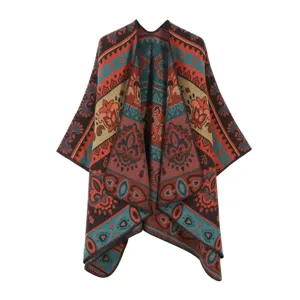 Cape poncho châle ethnique pour femme, vêtement d'hiver douillet en tricot motif géométrique.