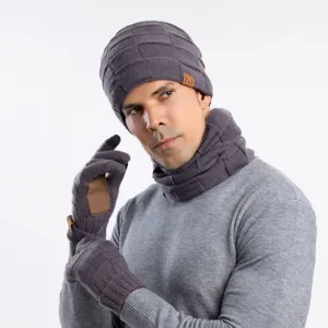Winter warme Mütze Schal und Handschuhe Set für Herren grau thermische Wintermode