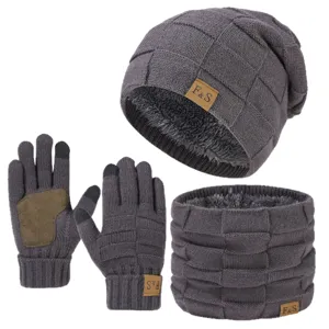 Winter warmer Strickmütze Schal und Handschuhe Set in Dunkelgrau mit weichem Futter.