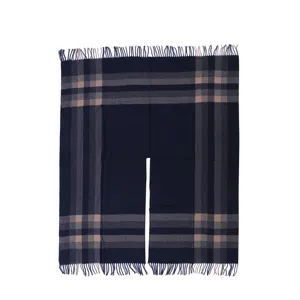 Womens classic plaid fringe shawl cape, stylish navy blue check winter warm poncho outerwear.
