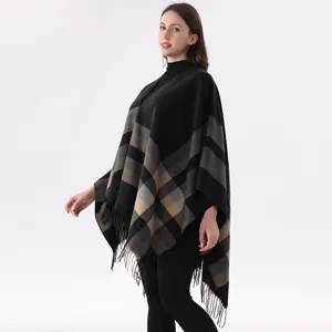 Women fashion knit poncho winter warm plaid cape tassel fringe shawl elegant outerwear apparel