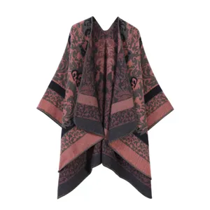 Ethischer Strick Poncho Schal für Damen, Retro Jacquard Cape Hülle für Reisen und Alltag.