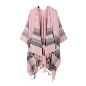 2025 New Women's Fashion Knit Shawl Cape Pink Grey Striped Tassel Warm Outerwear Detail