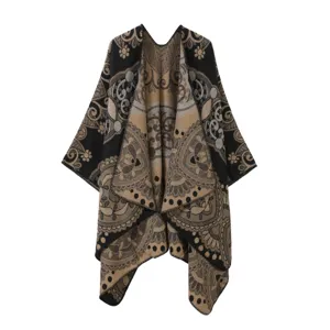 Mujer grueso jacquard tacto cachemira chal vintage etnico capa abierto frente poncho calido