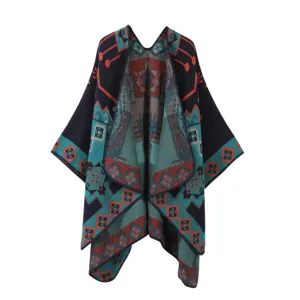 Detailed view of women geometric pattern knit shawl, soft winter autumn casual cape wraps.