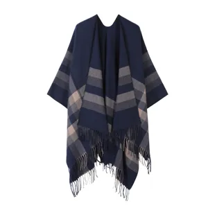 Navy blue plaid patterned women poncho cape with stylish glitter stripes and delicate fringe hem.