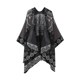 Women geometric colorblock knitted poncho cape warm shawl for autumn winter daily wear