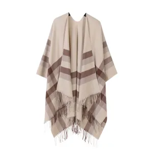 Women winter warm fringe poncho cape, beige brown stripe plaid shawl outerwear casual stylish