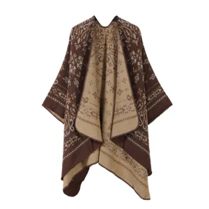 Women open front knitted shawl cape winter warm blanket casual cozy ethnic outerwear detail view