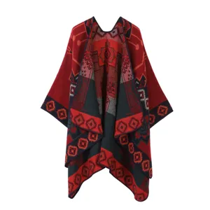 Women's geometric color block cape shawl, cozy imitation cashmere wrap for chilly AC rooms.