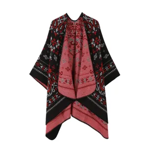 Women's knitted shawl cloak open front warm cape ethnic paisley print winter wrap blanket