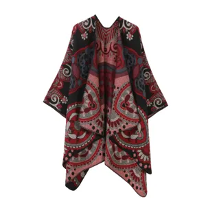 Mantón capa jacquard vintage para mujer, abrigo de punto abierto de cachemira sintética cálido.