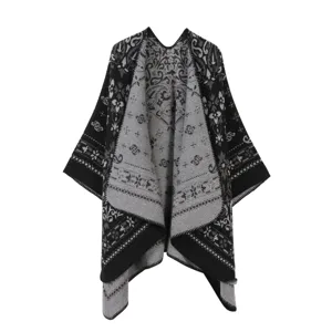 Black and grey knitted shawl poncho with geometric monogram print for winter warm wear