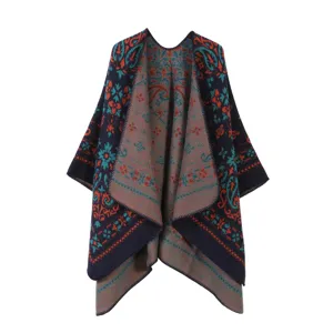 Women Double-Sided Knitted Shawl Cape Ethnic Print Warm Poncho Blanket for Winter