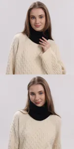 Detailansicht des schwarzen Strick-Halswärmers, zeigt weiche Textur und gemütliches Design.