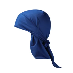 Detail view of the blue mesh cycling pirate cap, showing breathable fabric and rear tie.