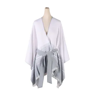 Women striped poncho shawl with belt fringe fringe casual stylish wrap winter autumn clothing