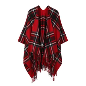 Dames rood zwart ruit winter kwastje cape sjaal open voorkant stijlvolle mode poncho