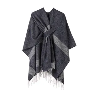 Europäischer Stil Offene Front Schal Umhang Mit Quaste Schnürung Gestreift Jacken Warm Polyester Poncho Mantel Für Damen