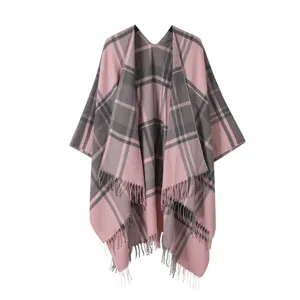 Dames herfst winter ruitjes cape sjaal, gezellige warme poncho met franjes zoom.