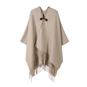 Femme Kaki Tricoté Frange Cape Châle Élégant Bouton Cardigan Chaud Hiver Vêtements D'Extérieur