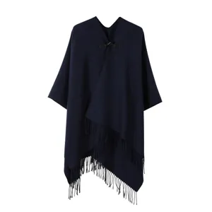 Femme Bleu Marine Poncho Cape à Franges Col V Cardigan en Tricot Automne Hiver Détail