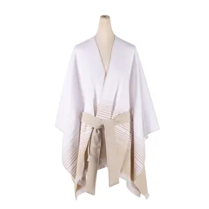 Women Split Poncho Striped Cape Casual Outerwear with Belt for Streetwear Fashion Daily