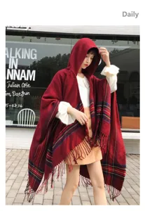 Red plaid hooded tassel cape shawl, comfortable warm bohemian winter outerwear for women.
