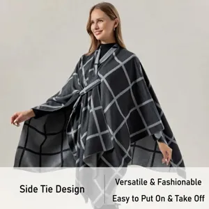 Close up view of the stylish side-strap plaid cape, cozy autumn winter warm poncho.