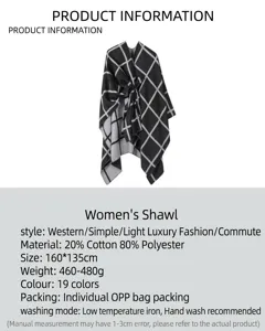 Plaid shawl detail view showing cozy cotton blend fabric, generous size, and elegant design.