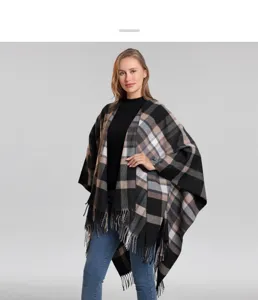 Klassischer karierter Fransen Schal Umhang dicker warmer Winter Poncho Damen Mode