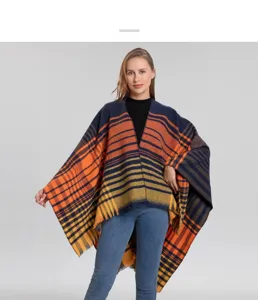 Mujer retro cuadros poncho capa engrosada calida invierno moda ropa elegante nueva