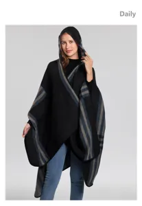 Donna maglia cappuccio poncho scialle elegante rigato caldo mantello inverno moda casual