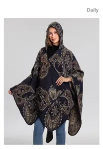 Damen Winter Kapuze Strick Poncho Schal mit Vintage Blumenmuster warme Oberbekleidung