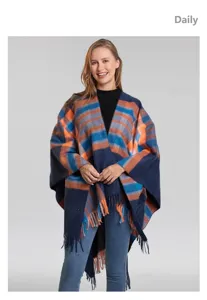 Klassischer karierter Fransen-Poncho, dicker warmer Umhang Schal für Damen Winter Mode.