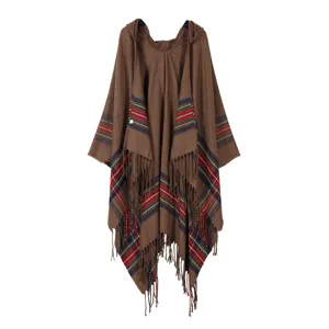Brown hooded tassel poncho cape with stylish plaid stripes, cozy and warm travel wrap.