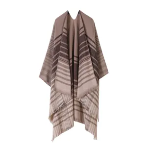 Chaqueta capa chal a rayas y cuadros vintage clásica para mujer, bufanda de invierno gruesa.