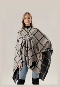 Autumn winter plaid cape poncho for women, stylish side strap split warm outerwear scarf.