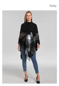 Damen Mode Winter Freizeit Fransen Umhang Schwarz Kariert Poncho Warmer Schal Mantel