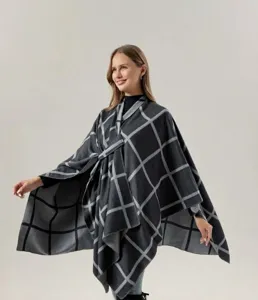 Fall winter grey plaid cape shawl women stylish front strap wrap cozy poncho outerwear