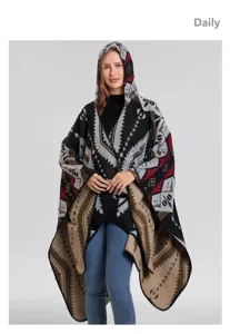 Mujer Capucha Estampado Étnico Geométrico Poncho Otoño Invierno Cálido Capa Chal Tejer