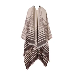 Mujer invierno cálido poncho cuadros chal capa, elegante abrigo abierto tejido con flecos