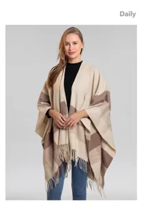 Damen Herbst Winter Fransen Karo Poncho Casual Schal Umhang Strickmantel Elegant