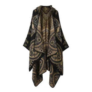 Retro Kapuzenumhang Damen Herren Winter Vintage Jacquard offene Frontwarmer Schal