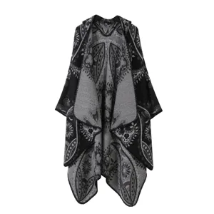 Schwarzer grauer Strick Kapuzenmantel Damen, Boho Paisley Sonnenblumen Winter Schal.